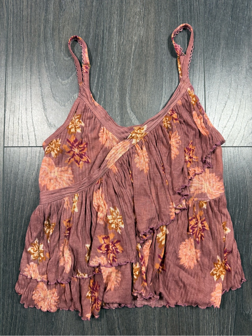 Free People Mauve Floral Ruffle Crop Cami with Adjustable Straps
